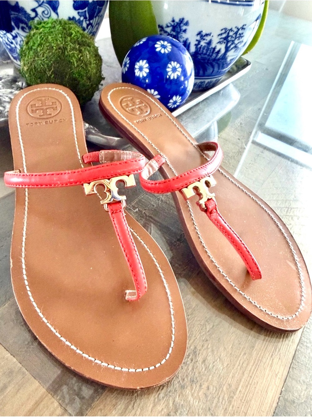 Tory Burch Red Leather T-Strap Logo Thong Sandals. TB dusk bag included